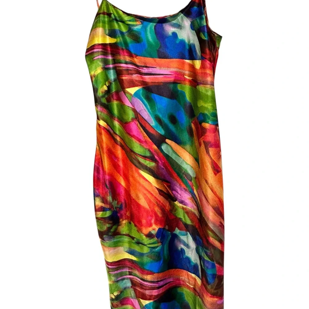 NATORI Private Luxuries Abstract Print Spaghetti Strap‎ Midi Dress Womens Size L - Picture 3 of 5
